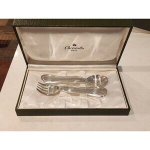 New Old Stock Christofle Baby Spoon Fork in Box & Plastic